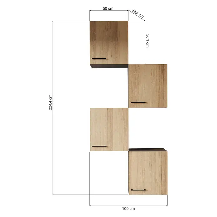 Respekta Oliver Küchen-Hängeschrank - Breite: 50 cm, Grau Matt - Vier hellbraune Schränke mit schwarzen Griffen, versetzt angeordnet.