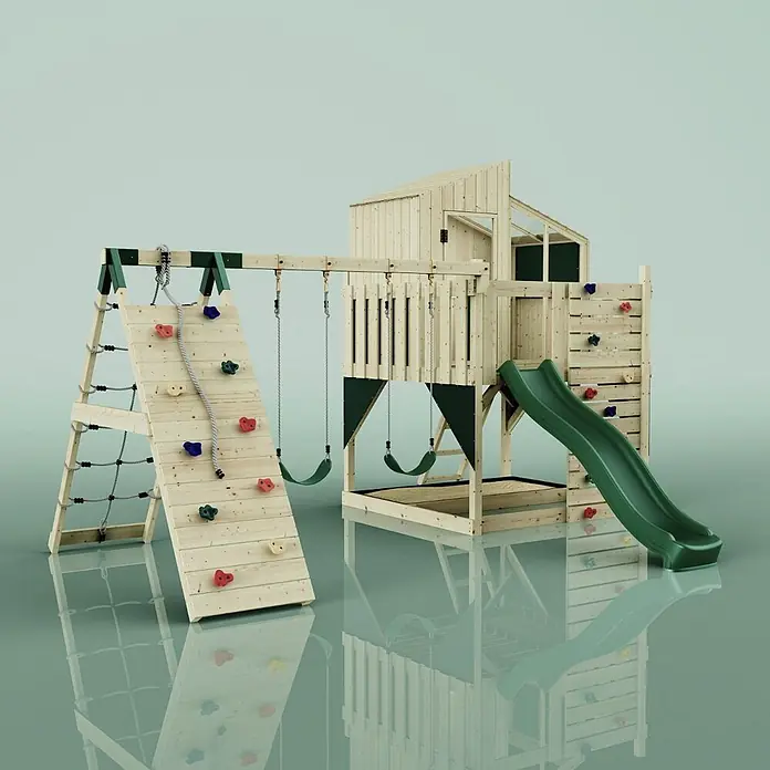OutdoorToys Kinderspielturm Finn Kinderschaukel; - Holz, Grün - Spielturm aus Holz mit Kletterwand, Seilnetz, Schaukeln, Spielhaus und grüner Rutsche.
