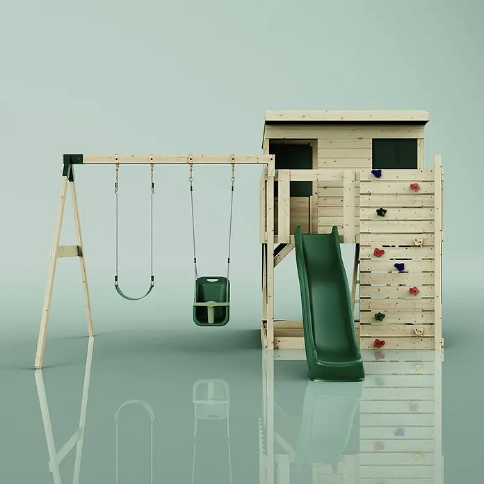 OutdoorToys Kinderspielturm Nils - L x B x H: 396 x 415 x 260 cm, Grün - Hölzernes Kinderspielgerät mit dunkelgrüner Rutsche, zwei Schaukeln, Spielhaus und bunter Kletterwand.