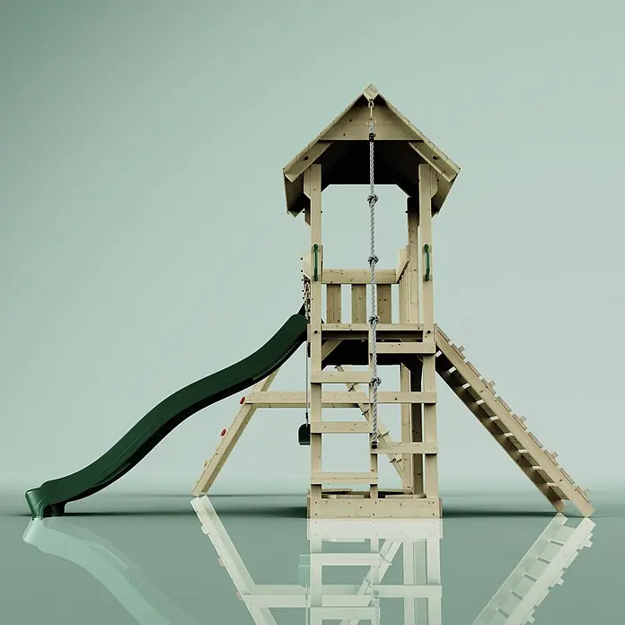 OutdoorToys Kinderspielturm Roskilde - L x B x H: 357 x 451 x 274 cm, Grün - Hölzernes Spielgerüst mit grüner Rutsche, Kletterseil und Leiter für den Außenbereich.