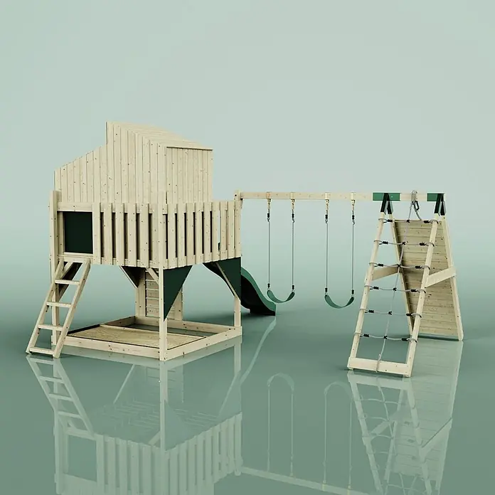 OutdoorToys Kinderspielturm Finn Kinderschaukel; - Holz, Grün - Spielplatz-Set aus Holz mit Spielhaus, Rutsche, drei Schaukeln, Kletternetz und einem Sandkastenbereich.