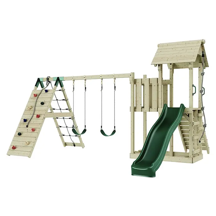 OutdoorToys Kinderspielturm Roskilde - L x B x H: 357 x 451 x 274 cm, Grün - Spielplatz aus Holz mit grüner Rutsche, zwei Schaukeln, Kletterwand mit bunten Griffen und Kletternetz.