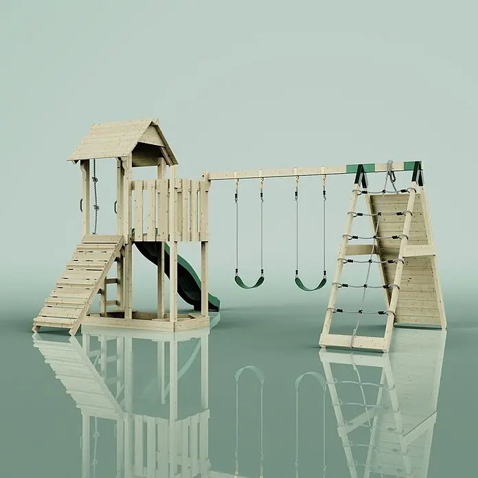OutdoorToys Kinderspielturm Roskilde - L x B x H: 357 x 451 x 274 cm, Grün - Spielplatz aus Naturholz mit grüner Rutsche, Schaukeln und Kletternetz.