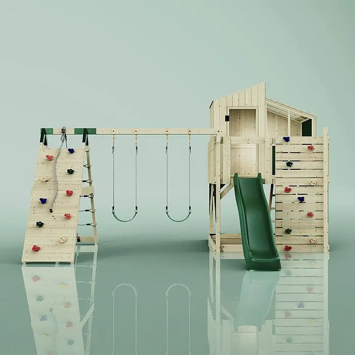OutdoorToys Kinderspielturm Finn Kinderschaukel; - Holz, Grün - Hölzernes Outdoor-Spielset mit Kletterwand, zwei Schaukeln, Spielhaus und grüner Rutsche für Kinder.