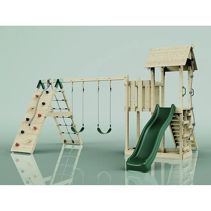 OutdoorToys Kinderspielturm Roskilde - L x B x H: 357 x 451 x 274 cm, Grün - Holzspielgerät mit Kletterwand, Seilnetz, zwei grünen Schaukeln und einem Turm mit grüner Rutsche, Leiter und Seil zum Klettern.