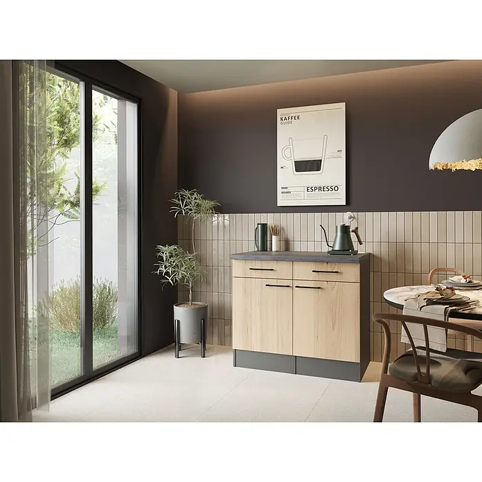 Respekta Oliver Sideboard - Breite: 100 cm, Artisan Eiche, Ohne Oberschrank - Moderner hellbrauner Küchenschrank mit dunkelgrauer Arbeitsplatte und Sockel, als Kaffeestation in gemütlichem Essbereich.