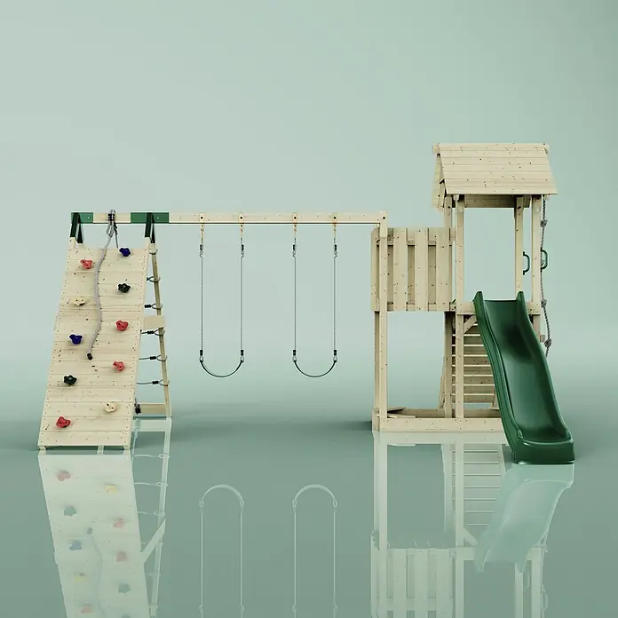OutdoorToys Kinderspielturm Roskilde - L x B x H: 357 x 451 x 274 cm, Grün - Holzspielplatz für den Außenbereich mit Kletterwand, bunten Griffen, zwei grünen Schaukeln, einem Turm und einer dunkelgrünen Rutsche.