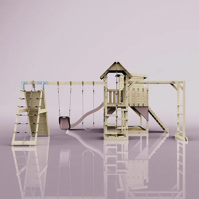 OutdoorToys Kinderspielturm Polarplay Lars - L x B x H: 562 x 503 x 274 cm, Rosa - Holzspielplatz-Set mit Schaukeln, Rutsche, Kletternetz und Spielhaus.