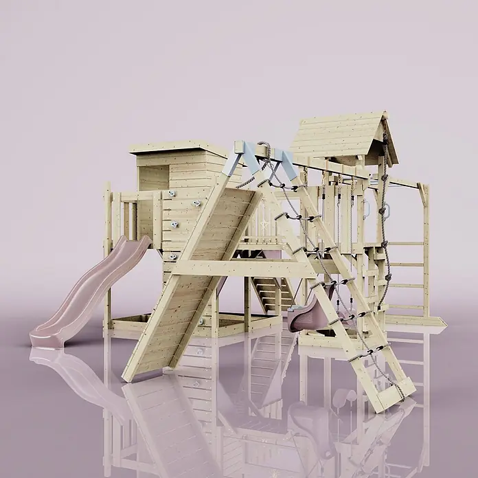 OutdoorToys Kinderspielturm Polarplay Lars - L x B x H: 562 x 503 x 274 cm, Rosa - Großer Spielturm aus Holz mit Rutsche, Kletterwand, Strickleiter und Schaukel für den Außenbereich.