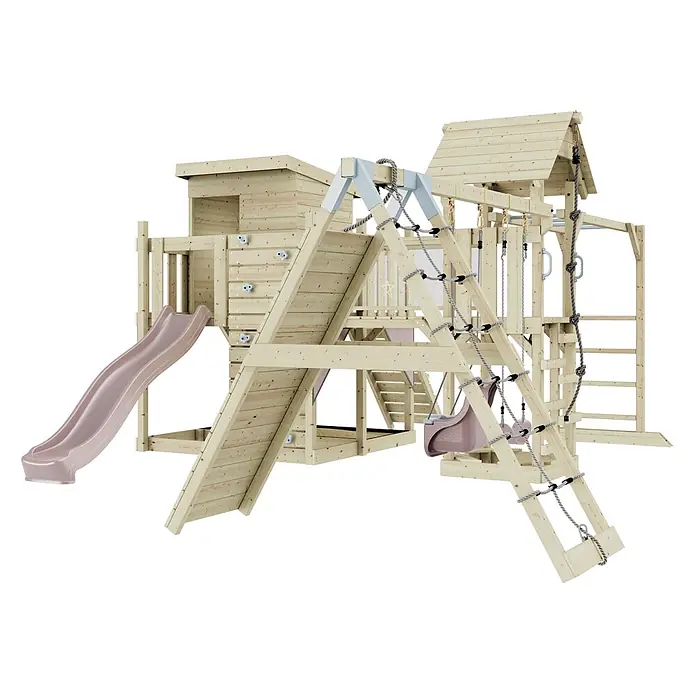 OutdoorToys Kinderspielturm Polarplay Lars - L x B x H: 562 x 503 x 274 cm, Rosa - Holzspielplatz mit heller Holzstruktur, rosa Rutsche, Kletterwand, Seilleiter und Schaukeln.