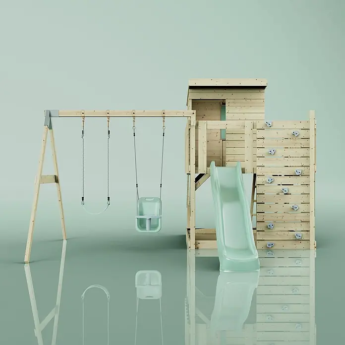 OutdoorToys Kinderspielturm Björn - L x B x H: 396 x 415 x 261 cm, Grün - Hölzernes Spielset mit zwei Schaukeln, grüner Rutsche, Kletterwand und Spielhaus.