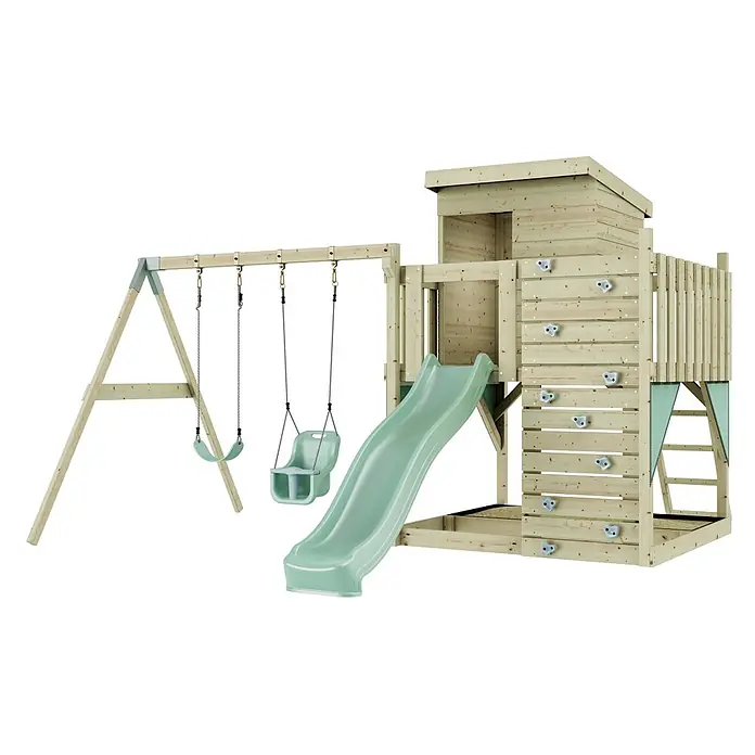 OutdoorToys Kinderspielturm Björn - L x B x H: 396 x 415 x 261 cm, Grün - Holzspielturm mit hellgrüner Rutsche, zwei Schaukeln, Kletterwand und erhöhtem Spielhaus.