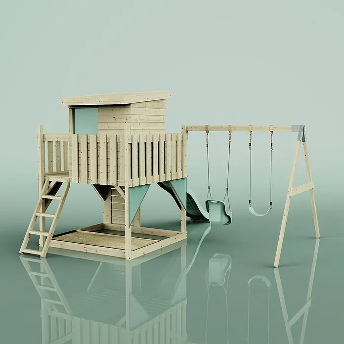 OutdoorToys Kinderspielturm Björn - L x B x H: 396 x 415 x 261 cm, Grün - Kinderspielplatz aus Holz mit erhöhtem Spielhaus, Leiter, hellgrüner Rutsche und zwei Schaukeln.