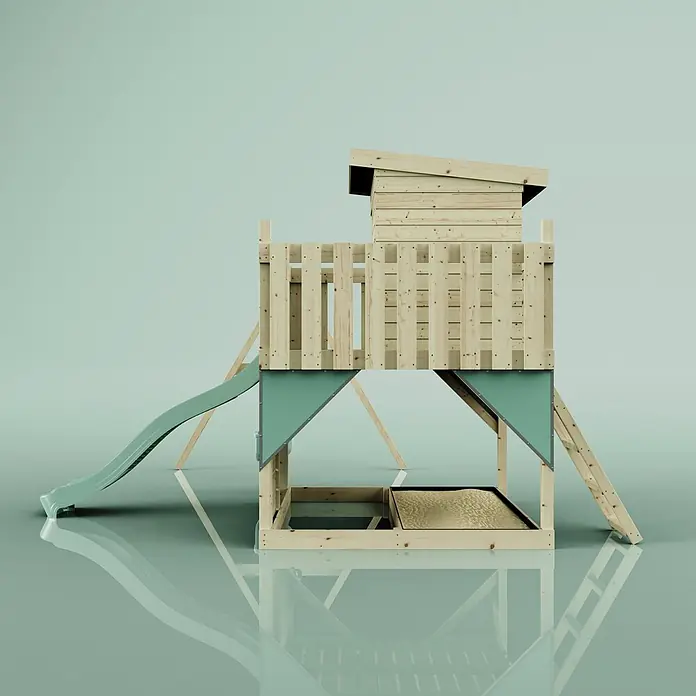 OutdoorToys Kinderspielturm Björn - L x B x H: 396 x 415 x 261 cm, Grün - Ein hölzerner Kinderspielplatz mit grüner Rutsche, erhöhtem Spielhaus und Sandkasten darunter.