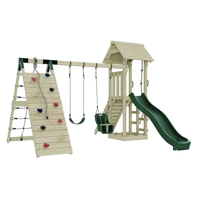 OutdoorToys Kinderspielturm Kiruna - L x B x H: 357 x 38 x 274 cm, Grün - Hölzernes Spielgerät mit Kletterwand, Strickleiter, grüner Rutsche, zwei Schaukeln und Spielturm.