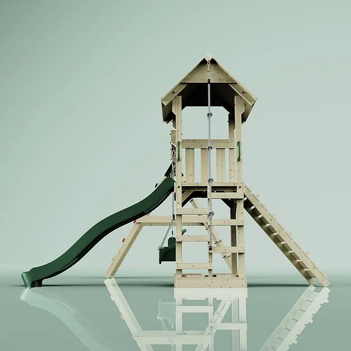 OutdoorToys Kinderspielturm Kiruna - L x B x H: 357 x 38 x 274 cm, Grün - Hölzerner Spielturm mit dunkelgrüner Wellenrutsche, geknotetem Kletterseil und Holzleiter.