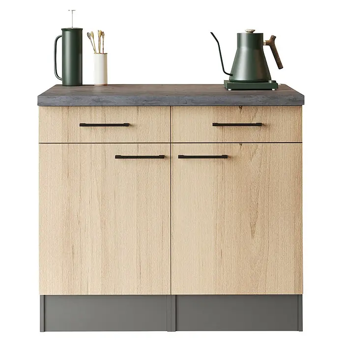 Respekta Oliver Sideboard - Breite: 100 cm, Artisan Eiche, Ohne Oberschrank - Heller Holz-Küchenunterschrank mit dunkelgrauer Arbeitsplatte, schwarzen Griffen. Mit grüner Thermoskanne, Utensilien und Kessel.