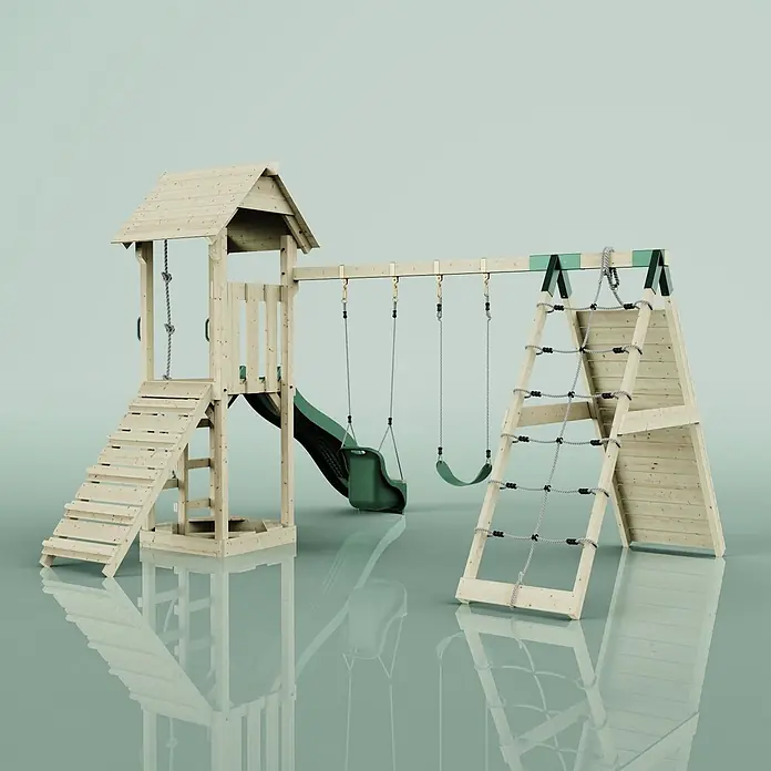 OutdoorToys Kinderspielturm Kiruna - L x B x H: 357 x 38 x 274 cm, Grün - Hölzernes Spielgerüst mit Turm, grüner Rutsche, zwei Schaukeln und Kletternetz für Kinder.