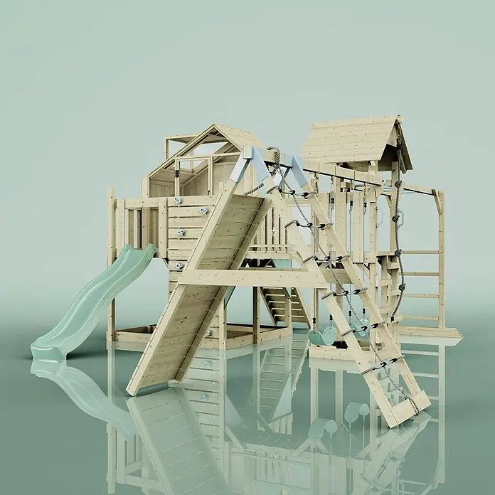 OutdoorToys Kinderspielturm Milo Kinderschaukel; - Holz, Grün - Hölzernes Spielgerüst mit grüner Rutsche, Kletterwand, Strickleiter und Schaukeln.