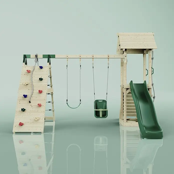 OutdoorToys Kinderspielturm Kiruna - L x B x H: 357 x 38 x 274 cm, Grün - Holzspielturm mit Kletterwand, zwei grünen Schaukeln (eine Babyschaukel), Turm und dunkelgrüner Rutsche.