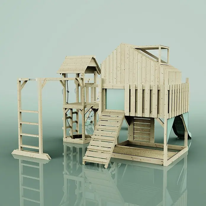 OutdoorToys Kinderspielturm Milo Kinderschaukel; - Holz, Grün - Spielplatz aus Naturholz mit Spielhaus, Rutsche, Sandkasten, Kletterleiter und Schaukelgerüst mit Ringen.