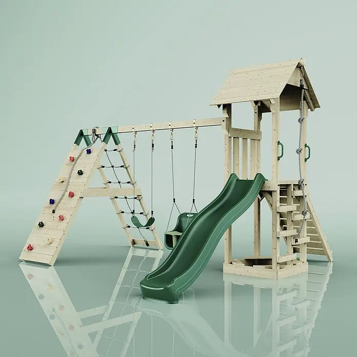 OutdoorToys Kinderspielturm Kiruna - L x B x H: 357 x 38 x 274 cm, Grün - Hölzernes Spielgerüst mit grüner Rutsche, zwei Schaukeln, Kletterwand mit bunten Griffen, Kletternetz und Turm mit Leiter.