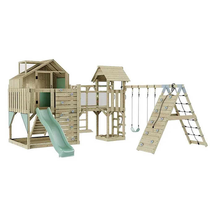 OutdoorToys Kinderspielturm Milo Kinderschaukel; - Holz, Grün - Großes Holzspielgerät mit grüner Rutsche, Kletterwand, Schaukeln, Seilleiter und Spielhaus.