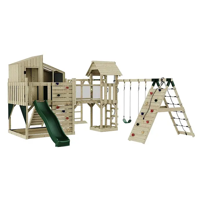 OutdoorToys Kinderspielturm Polarplay Gustav - L x B x H: 562 x 503 x 291 cm, Rosa - Hölzernes Outdoor-Spielset mit grüner Rutsche, Kletterwand, Seilnetz, Schaukeln und Spielturm.