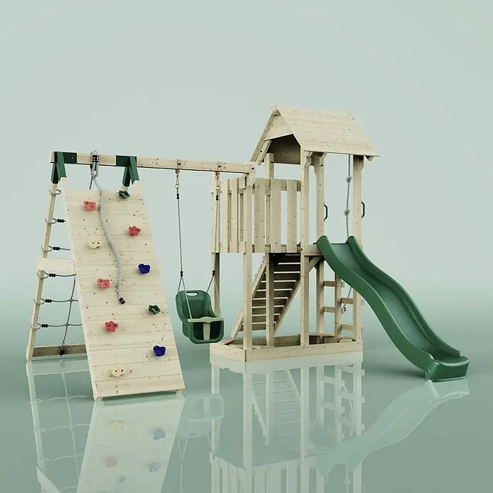 OutdoorToys Kinderspielturm Farö - L x B x H: 364 x 357 x 273 cm, Grün - Helles Holzspielset mit Kletterwand, grüner Babyschaukel, grüner Rutsche und Spielturm.