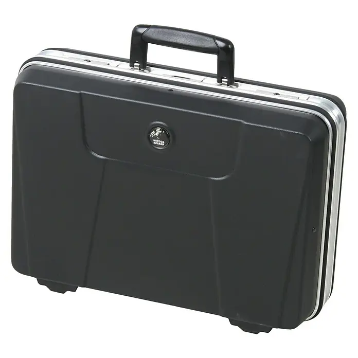 Hepco & Becker Werkzeugkoffer Budget 5021 - L x B x H: 370 x 490 x 180 mm, Material: ABS - Schwarzer Hepco & Becker Werkzeugkoffer mit silberfarbenen Akzenten und einem robusten Tragegriff für sicheren Transport.