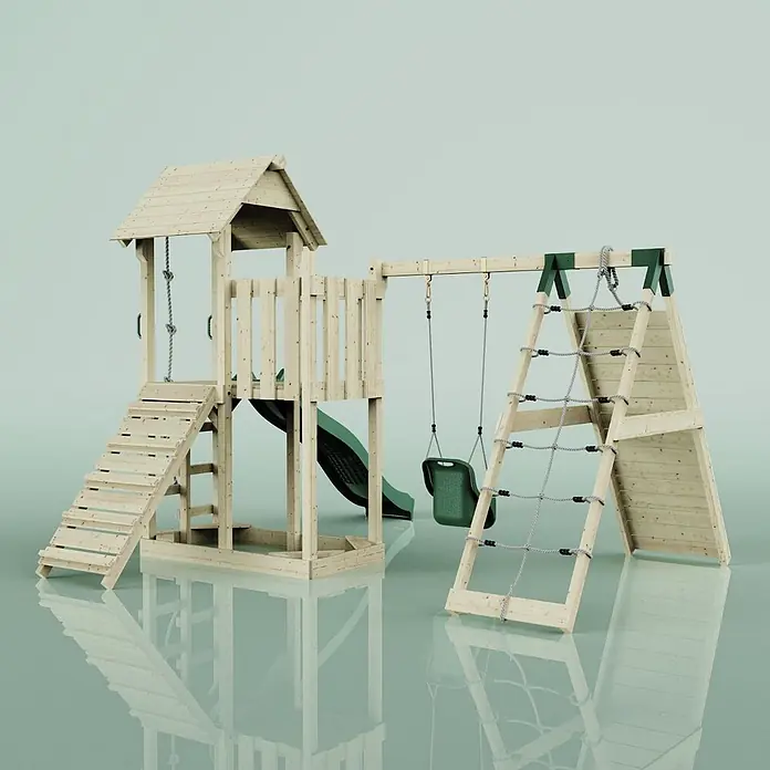 OutdoorToys Kinderspielturm Farö - L x B x H: 364 x 357 x 273 cm, Grün - Holz-Spielturm mit grüner Rutsche, zwei Schaukeln, Kletternetz und Seil. Ideal für draußen.