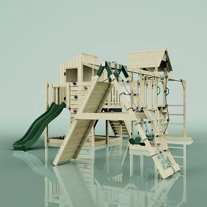 OutdoorToys Kinderspielturm Polarplay Gustav - L x B x H: 562 x 503 x 291 cm, Rosa - Hölzernes Spielhaus mit grüner Rutsche, Kletterwand und Seilleiter für draußen.