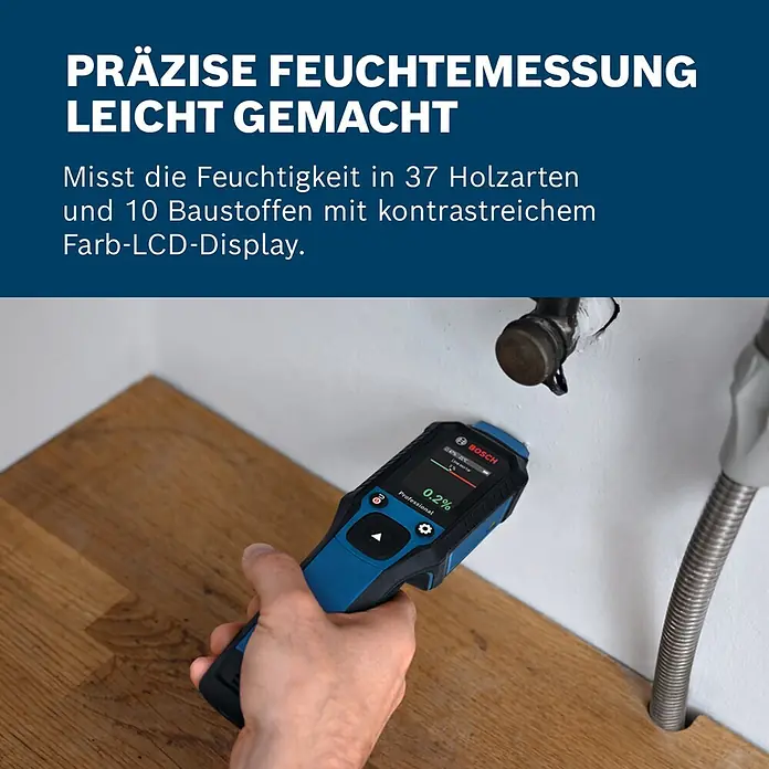 Bosch Feuchtigkeitsmessgerät GMP 2-15 - Messgenauigkeit: Umgebungstemperatur typisch: +/- 1 °C, Mit Batterien - Blauer und schwarzer Bosch Feuchtemesser, von Hand gehalten, misst Feuchtigkeit mit Farb-LCD-Display.