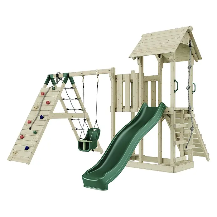 OutdoorToys Kinderspielturm Farö - L x B x H: 364 x 357 x 273 cm, Grün - Hölzernes Outdoor-Spielset mit grüner Rutsche, Kletterwand, Netzleiter, Babyschaukel und Kletterseil.