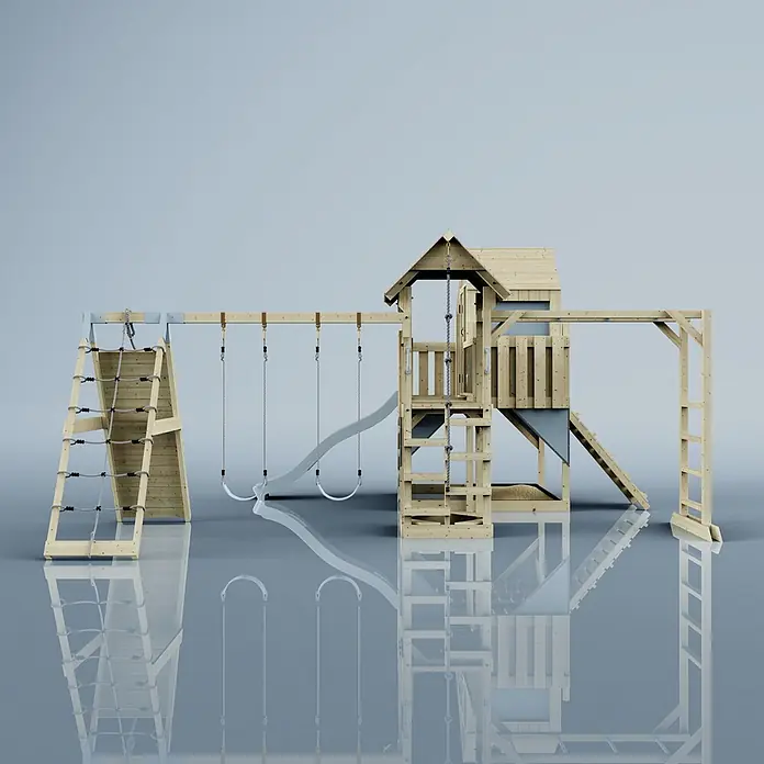 OutdoorToys Kinderspielturm Milo Kinderschaukel; - Holz, Blau - Großes Holzspielgerät mit Spielhaus, Rutsche, Kletternetz, Kletterseil und mehreren Schaukeln.