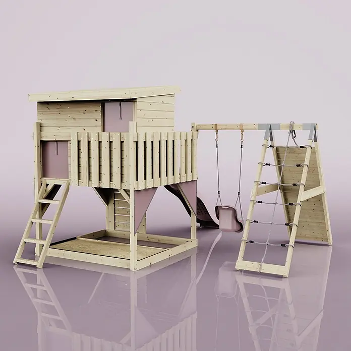 OutdoorToys Kinderspielturm Emil - L x B x H: 396 x 415 x 260 cm, Rosa - Hölzernes Kinderspielhaus mit Rutsche, Schaukel, Kletternetz und Sandkasten, mit rosa Akzenten.