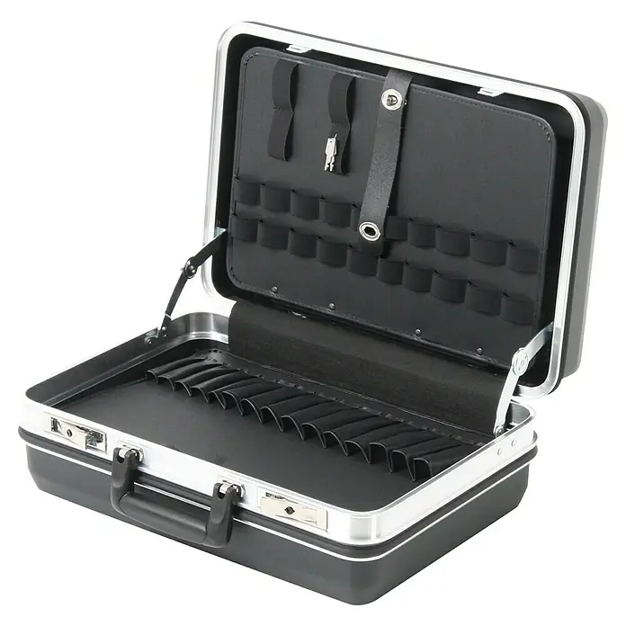 Hepco & Becker Werkzeugkoffer Budget 5043 - L x B: 360 x 490 mm, Höhe: 200 mm, Material: ABS - Geöffneter schwarzer Instrumentenkoffer mit silbernen Beschlägen und Inneneinteilungen zur Aufbewahrung von Werkzeugen und Zubehör.