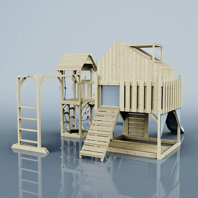 OutdoorToys Kinderspielturm Milo Kinderschaukel; - Holz, Blau - Hölzernes Kinderspielhaus mit Rutsche, Klettergerüst und Sandkastenbereich.