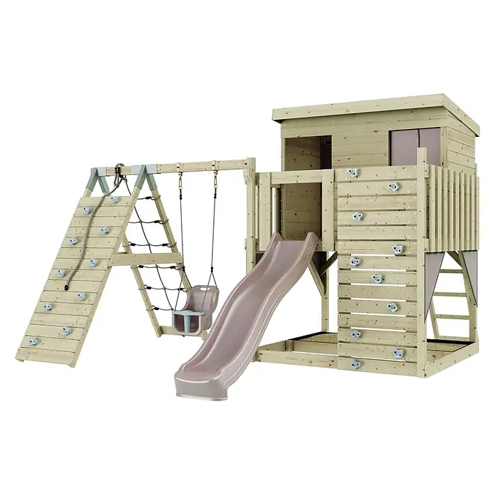 OutdoorToys Kinderspielturm Emil - L x B x H: 396 x 415 x 260 cm, Rosa - Hölzernes Kinderspielhaus mit Kletterwänden, Strickleiter, rosa Rutsche und Babyschaukel.