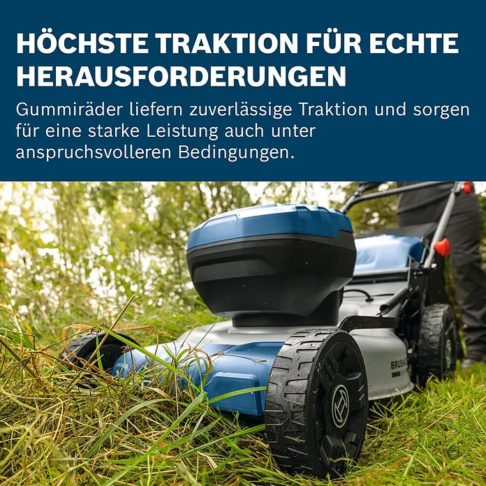 Bosch Professional AMPShare 18V Akku-Rasenmäher GRA18V2-46 SP - Ohne Akku, Schnittbreite: 46 cm - Blauer und weißer Rasenmäher mit Gummirädern schneidet hohes Gras und zeigt starke Traktion.