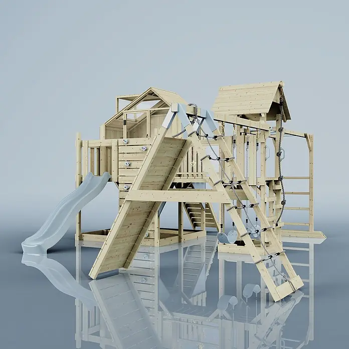 OutdoorToys Kinderspielturm Milo Kinderschaukel; - Holz, Blau - Ein mehrstufiges Spielplatz-Set aus Holz mit grauer Rutsche, Kletterwand, Strickleiter und Scheibenschaukeln.