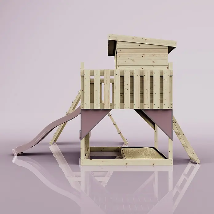 OutdoorToys Kinderspielturm Emil - L x B x H: 396 x 415 x 260 cm, Rosa - Hölzernes Spielhaus mit Rutsche, Sandkasten und natürlichem Holz mit malvenfarbenen Akzenten.