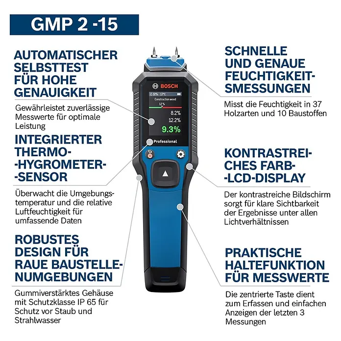 Bosch Feuchtigkeitsmessgerät GMP 2-15 - Messgenauigkeit: Umgebungstemperatur typisch: +/- 1 °C, Mit Batterien - Ein blau-schwarzes Bosch digitales Feuchtigkeitsmessgerät mit Messspitzen und Farbdisplay, das Messwerte anzeigt. Entwickelt für den professionellen Einsatz.
