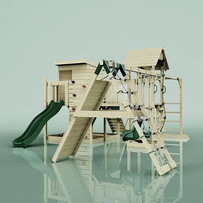 OutdoorToys Kinderspielturm Polarplay Lars - L x B x H: 562 x 503 x 274 cm, Grün - Großes Holzspielgerät mit dunkelgrüner Rutsche, Schaukel, Kletterwand mit bunten Griffen, Strickleiter und Spielhaus.