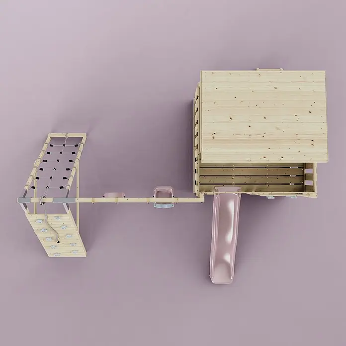 OutdoorToys Kinderspielturm Aksel - L x B x H: 469 x 415 x 261 cm, Rosa - Draufsicht auf ein hölzernes Kinderspielset mit Haus, Rutsche, Kletterwand, Seilnetz und zwei rosa Schaukeln auf hellviolettem Hintergrund.
