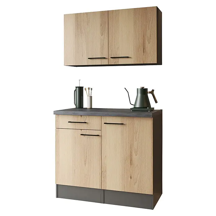 Respekta Buffetschrank - Breite: 100 cm, Artisan Eiche, Mit Oberschrank - Zweiteilige Küchenschrank-Kombination mit hellen Holzfronten, dunkler Arbeitsplatte und Sockel, bestehend aus Ober- und Unterschränken.