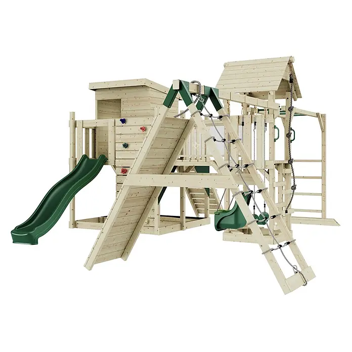OutdoorToys Kinderspielturm Polarplay Lars - L x B x H: 562 x 503 x 274 cm, Grün - Großes Holzspielgerät mit zwei Türmen, grüner Rutsche, Kletterwand, Seilleiter und Schaukeln, für den Außenspielbereich.