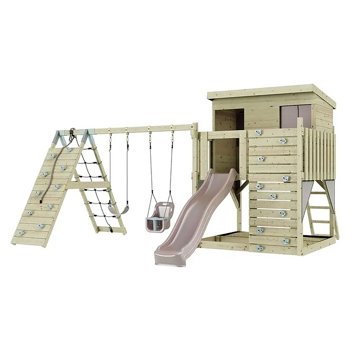 OutdoorToys Kinderspielturm Aksel - L x B x H: 469 x 415 x 261 cm, Rosa - Hölzernes Spielgerät mit Turm, Rutsche, Kletterwand mit Seil, Kletternetz und zwei Schaukeln, eine davon ein Babysitz.