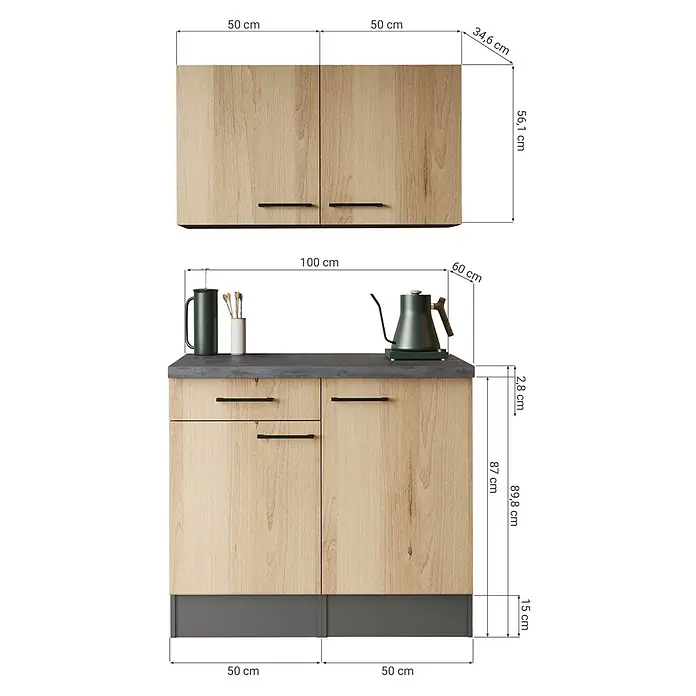 Respekta Buffetschrank - Breite: 100 cm, Grau Matt, Mit Oberschrank - Küchen-Hänge- und Unterschrank-Set in heller Holzoptik mit dunklen Griffen und Arbeitsplatte.