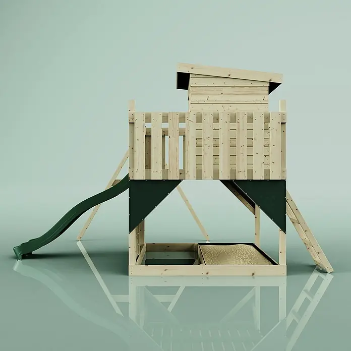 OutdoorToys Kinderspielturm Alma - L x B x H: 306 x 415 x 260 cm, Grün - Hölzernes Spielhaus mit dunkelgrüner Rutsche und integriertem Sandkasten.